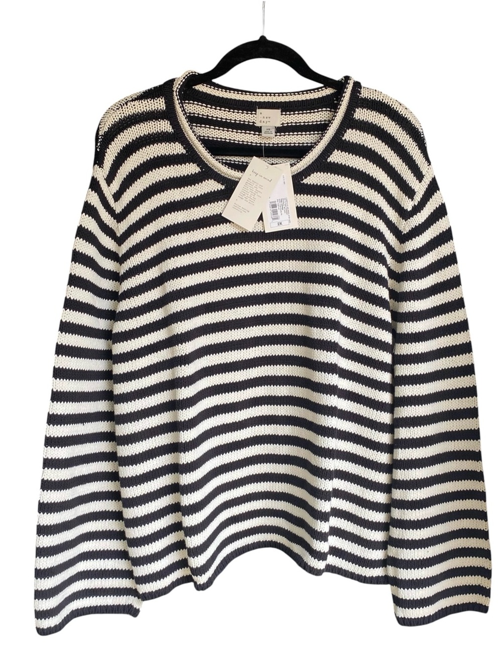 A NEW DAY Striped Sweater Black Cream Knit Crewneck Pullover Womens Plus Size 2X